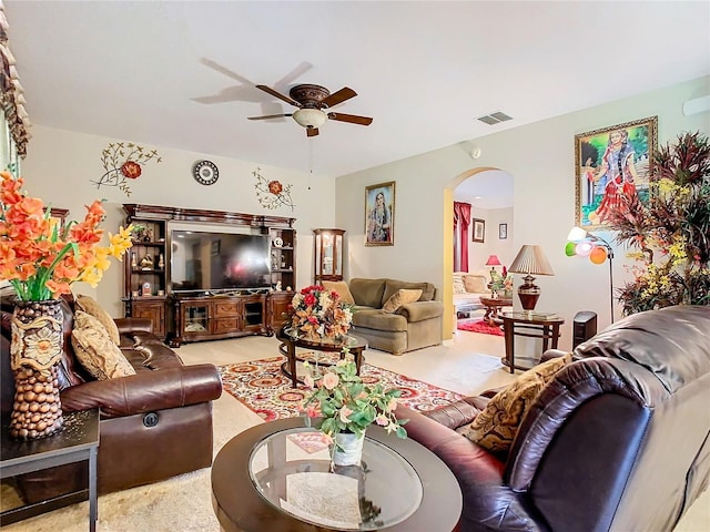 living room with ceiling fan