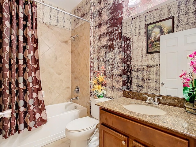 full bathroom featuring shower / bath combination with curtain, vanity, and toilet