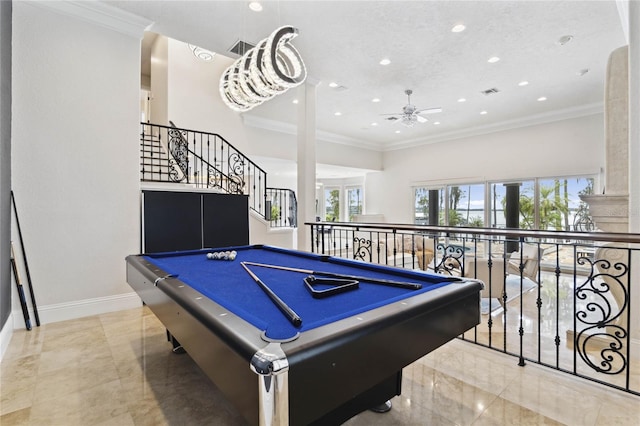 recreation room with ceiling fan, crown molding, and billiards