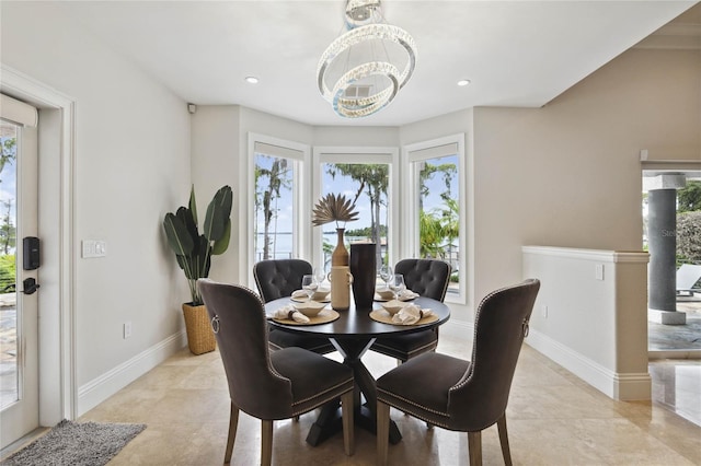 dining area featuring recessed lighting, baseboards, a chandelier, and light tile patterned flooring