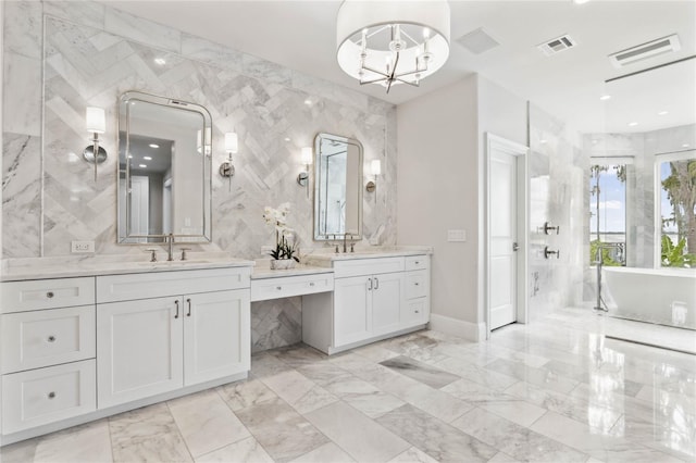 full bath featuring vanity, tile walls, visible vents, and marble finish floor