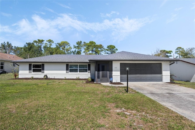 single story home featuring a front yard, driveway, an attached garage, a shingled roof, and brick siding