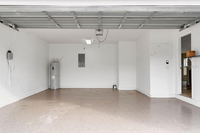 garage with electric panel, electric water heater, and a garage door opener