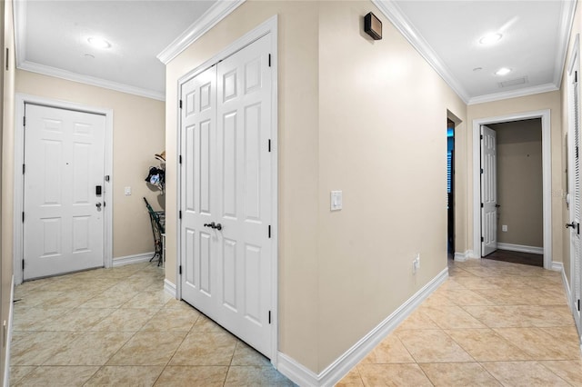 hallway featuring light tile patterned floors, recessed lighting, crown molding, and baseboards