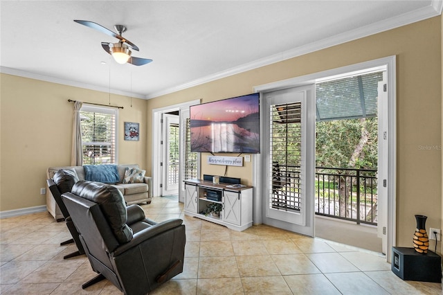 tiled living room featuring crown molding and ceiling fan