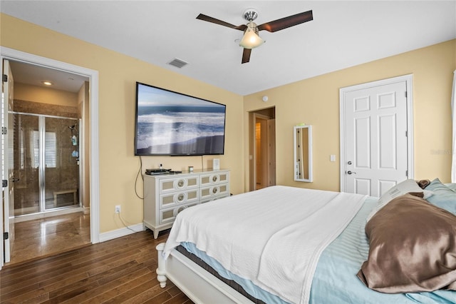bedroom with dark wood finished floors, baseboards, visible vents, and a ceiling fan