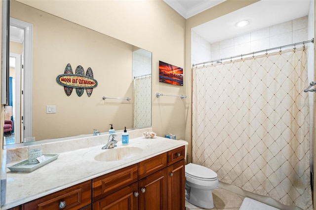 bathroom featuring a shower with shower curtain, crown molding, tile patterned floors, toilet, and vanity