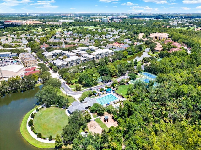 drone / aerial view with a water view