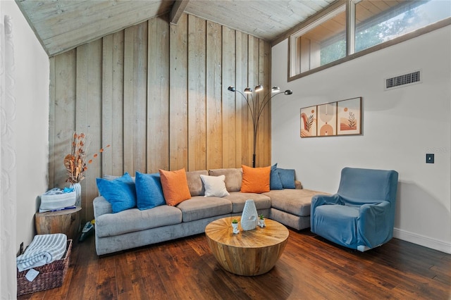 living room with wooden walls, vaulted ceiling, dark wood-type flooring, and wood ceiling