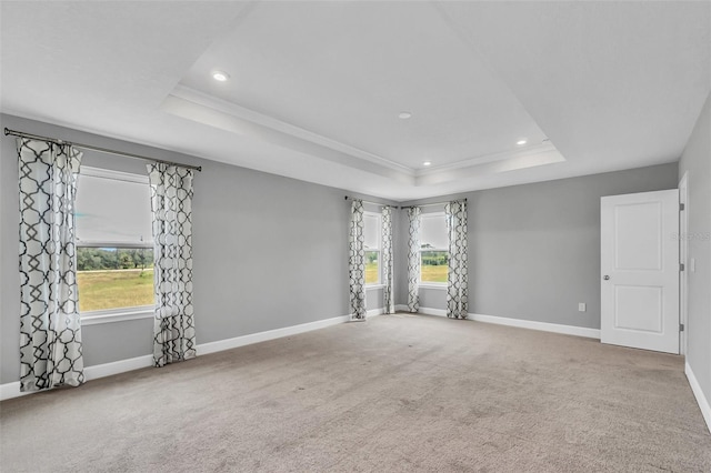 unfurnished room featuring a wealth of natural light, crown molding, a tray ceiling, and carpet floors