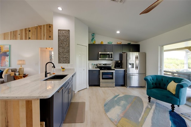 kitchen featuring light wood-type flooring, light stone countertops, stainless steel appliances, and sink