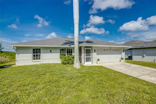 ranch-style house with a garage and a front lawn