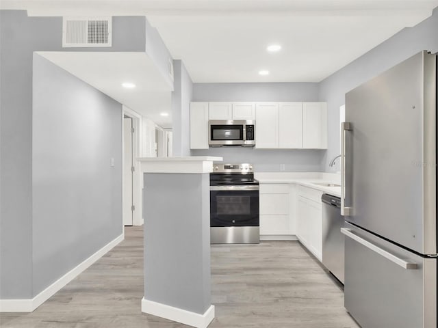 kitchen featuring white cabinets, stainless steel appliances, light hardwood / wood-style floors, sink, and kitchen peninsula