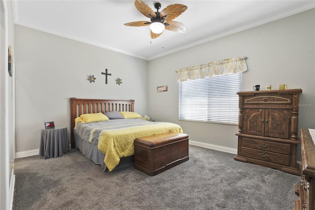 bedroom with crown molding, ceiling fan, and dark carpet