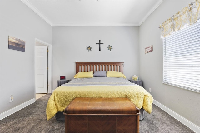 bedroom featuring multiple windows, ornamental molding, and carpet