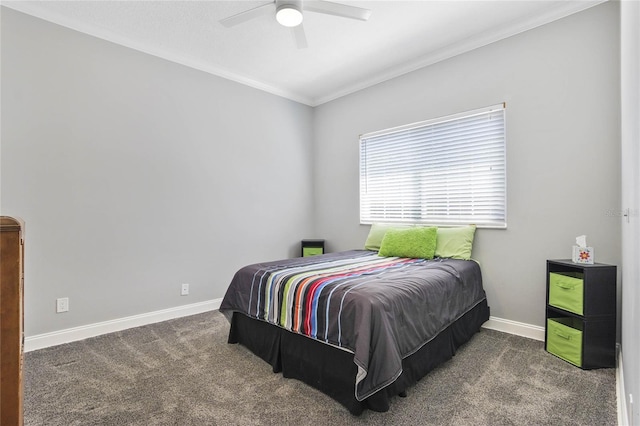 bedroom featuring ornamental molding, carpet, and ceiling fan