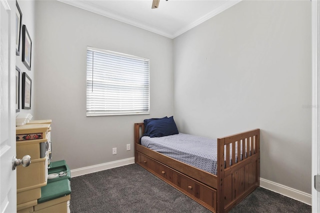 carpeted bedroom with ornamental molding