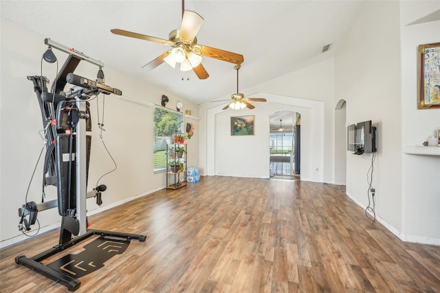 exercise area featuring lofted ceiling, hardwood / wood-style floors, and ceiling fan