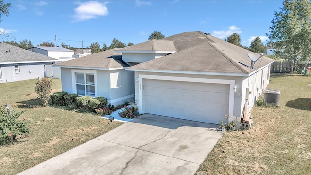 single story home featuring central AC, a front lawn, and a garage