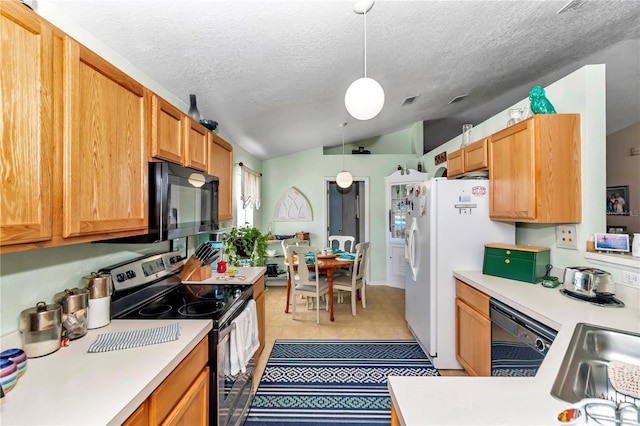 kitchen with electric stove, white refrigerator with ice dispenser, pendant lighting, dishwasher, and lofted ceiling