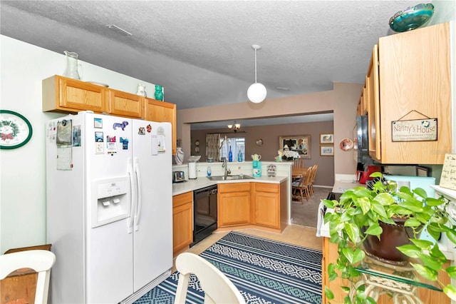 kitchen featuring kitchen peninsula, a textured ceiling, sink, black dishwasher, and white fridge with ice dispenser