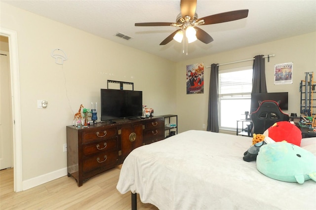 bedroom featuring ceiling fan and light wood-type flooring