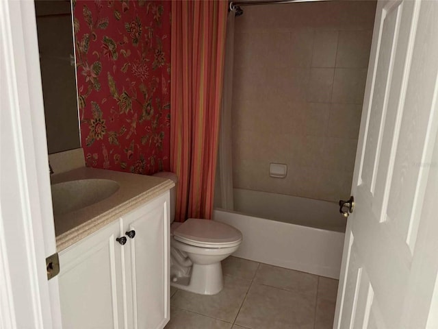 full bathroom with vanity, toilet, shower / tub combo, and tile patterned floors