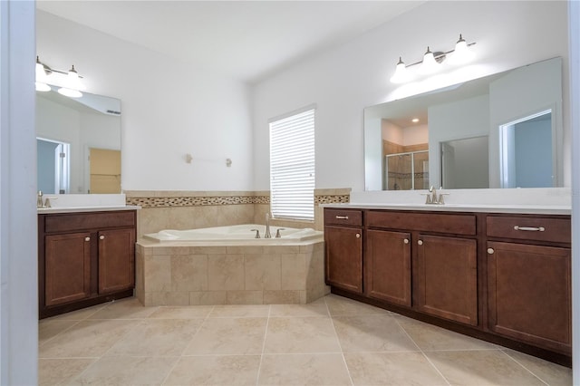 bathroom with vanity, separate shower and tub, and tile patterned floors