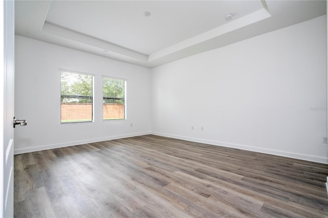 spare room featuring a raised ceiling and hardwood / wood-style floors