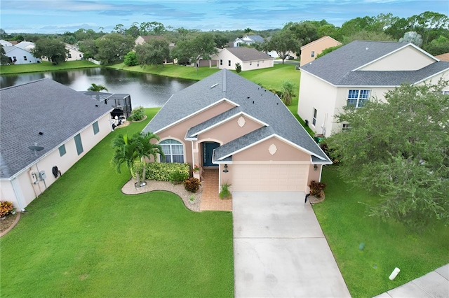 aerial view featuring a water view