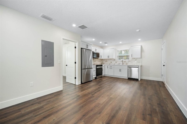 kitchen with white cabinets, electric panel, stainless steel appliances, and dark hardwood / wood-style floors