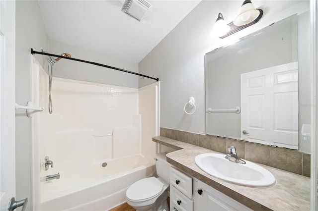 full bathroom with toilet, vanity, bathing tub / shower combination, and vaulted ceiling