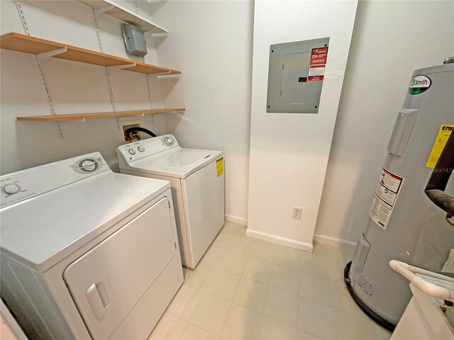 laundry room with electric panel, washer and dryer, and water heater