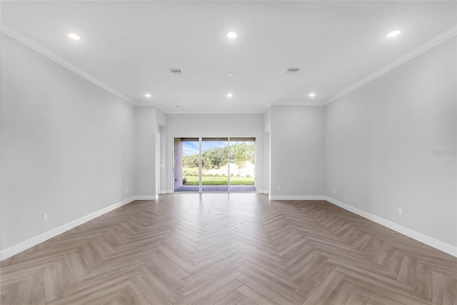 unfurnished room with light parquet floors and crown molding