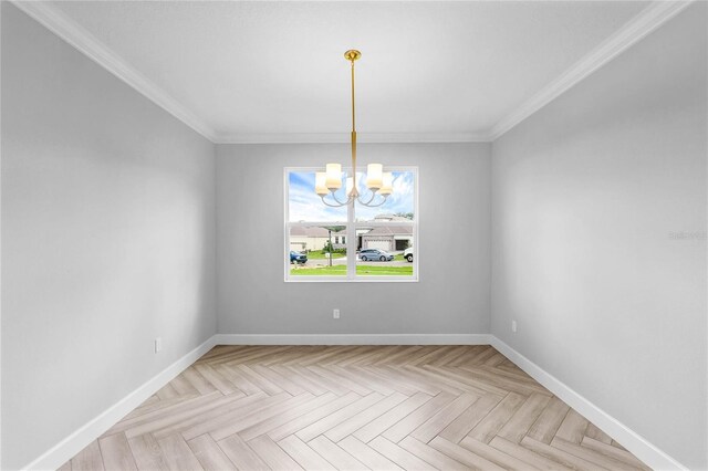 unfurnished room featuring light parquet floors, crown molding, and a chandelier