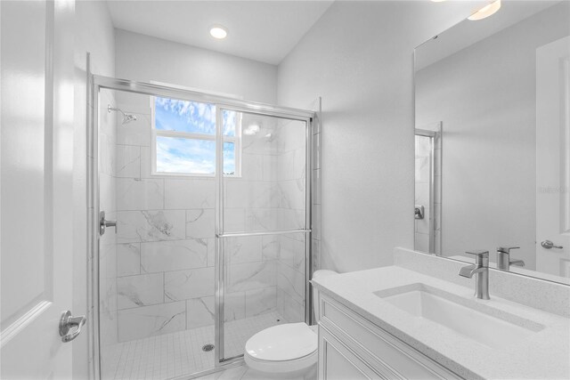 bathroom with vanity, toilet, and an enclosed shower