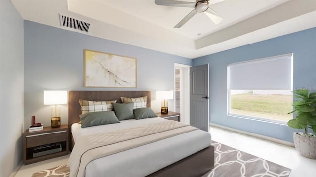 bedroom featuring light colored carpet and ceiling fan