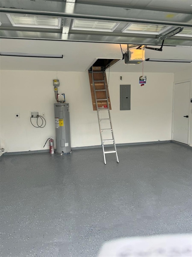 garage featuring electric panel, a garage door opener, and water heater