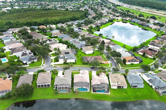 aerial view featuring a water view