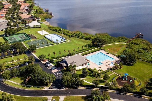 drone / aerial view featuring a water view