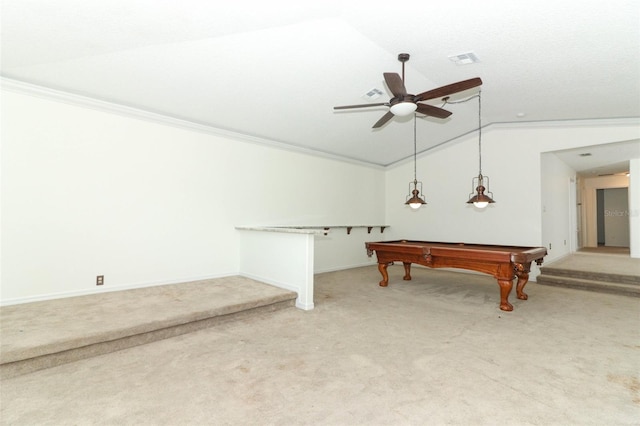 playroom featuring carpet flooring, ceiling fan, billiards, vaulted ceiling, and ornamental molding