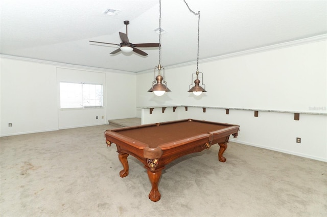 game room with ceiling fan, ornamental molding, light colored carpet, and pool table