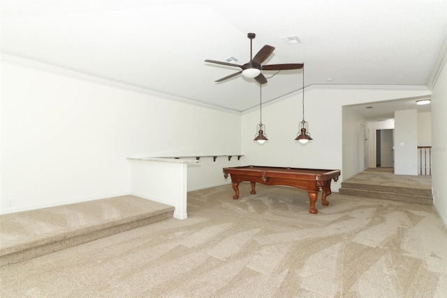 playroom with crown molding, light colored carpet, lofted ceiling, and pool table