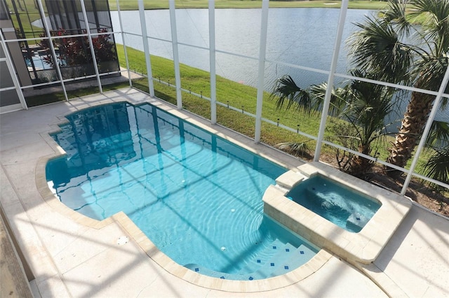 view of pool with a water view, an in ground hot tub, a lanai, and a patio area