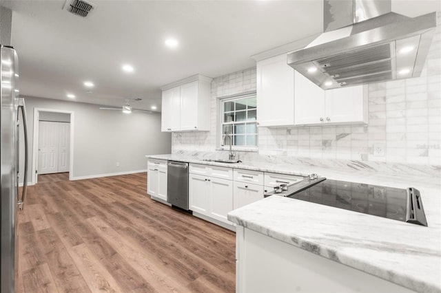 kitchen with white cabinets, appliances with stainless steel finishes, light hardwood / wood-style floors, sink, and island exhaust hood