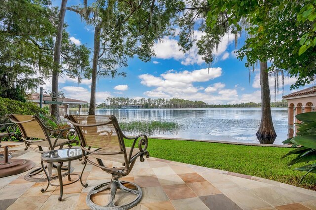 view of patio / terrace with a water view