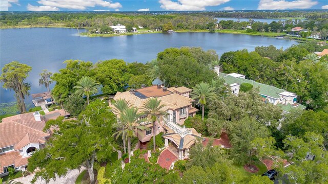 drone / aerial view with a water view