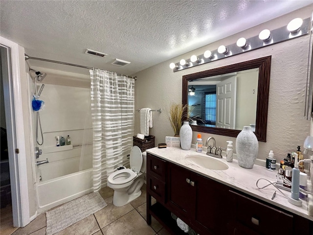 full bathroom featuring toilet, tile patterned flooring, vanity, a textured ceiling, and shower / bathtub combination with curtain