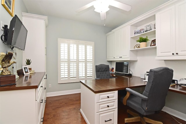 office area featuring built in desk, ceiling fan, and dark hardwood / wood-style floors