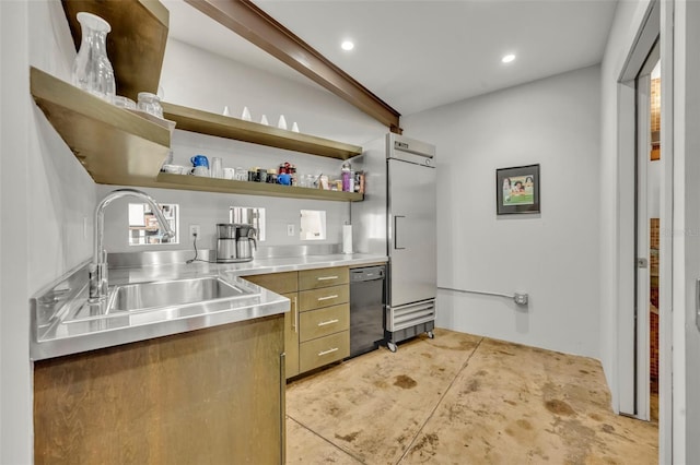 kitchen featuring dishwasher, sink, stainless steel counters, and built in fridge